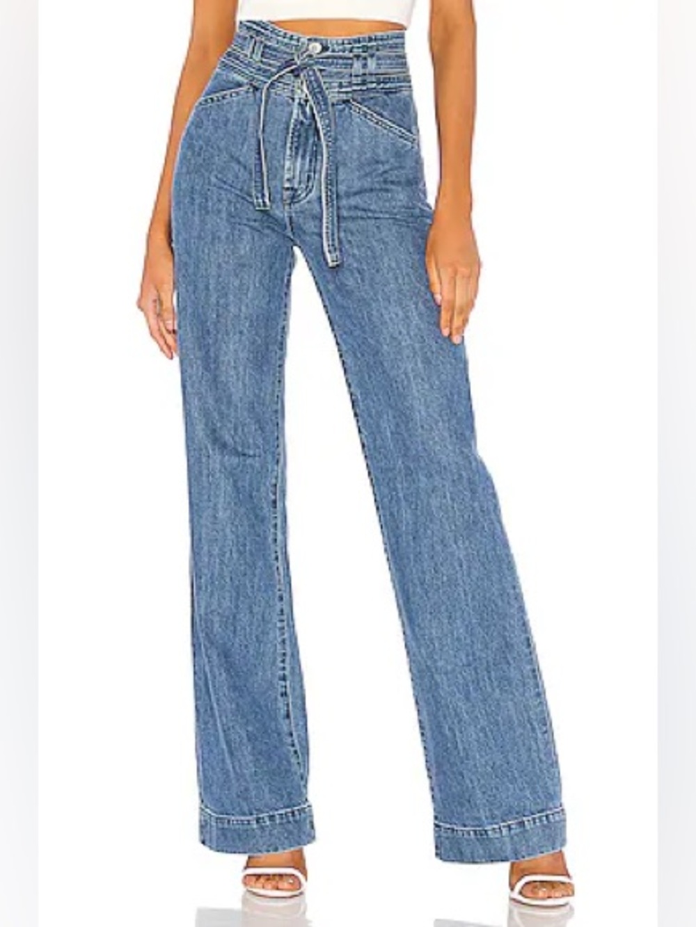 J Brand Sukey High-Waist Wide-Leg Blue Jeans with Tie Belt